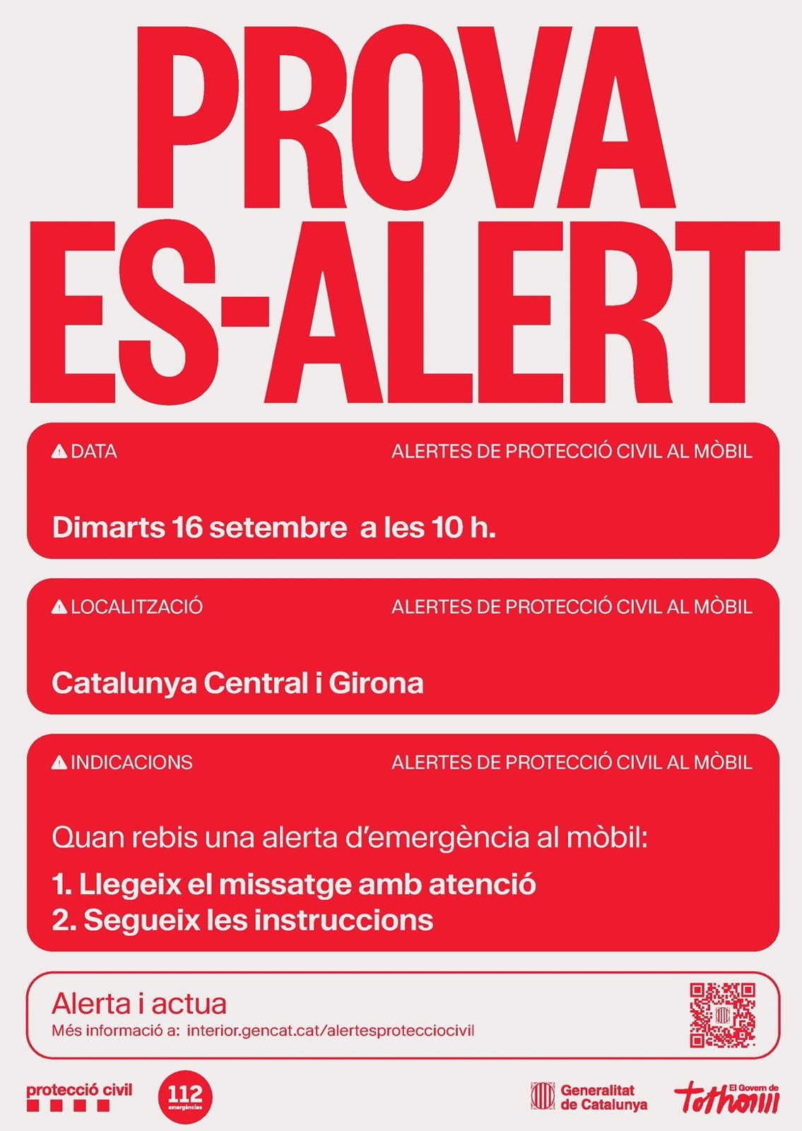 Protecció Civil farà una prova del sistema d'alertes als mòbils a la Catalunya central dimarts 16 de setembre