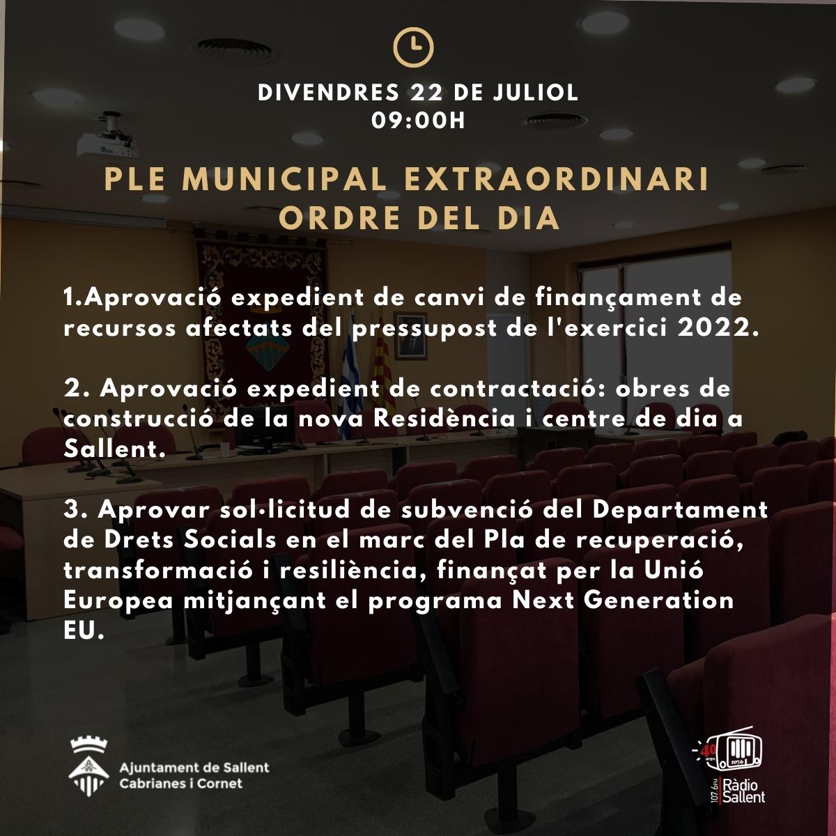 Ordre del dia del Ple Municipal extraordinari del 22 de juliol de 2022
