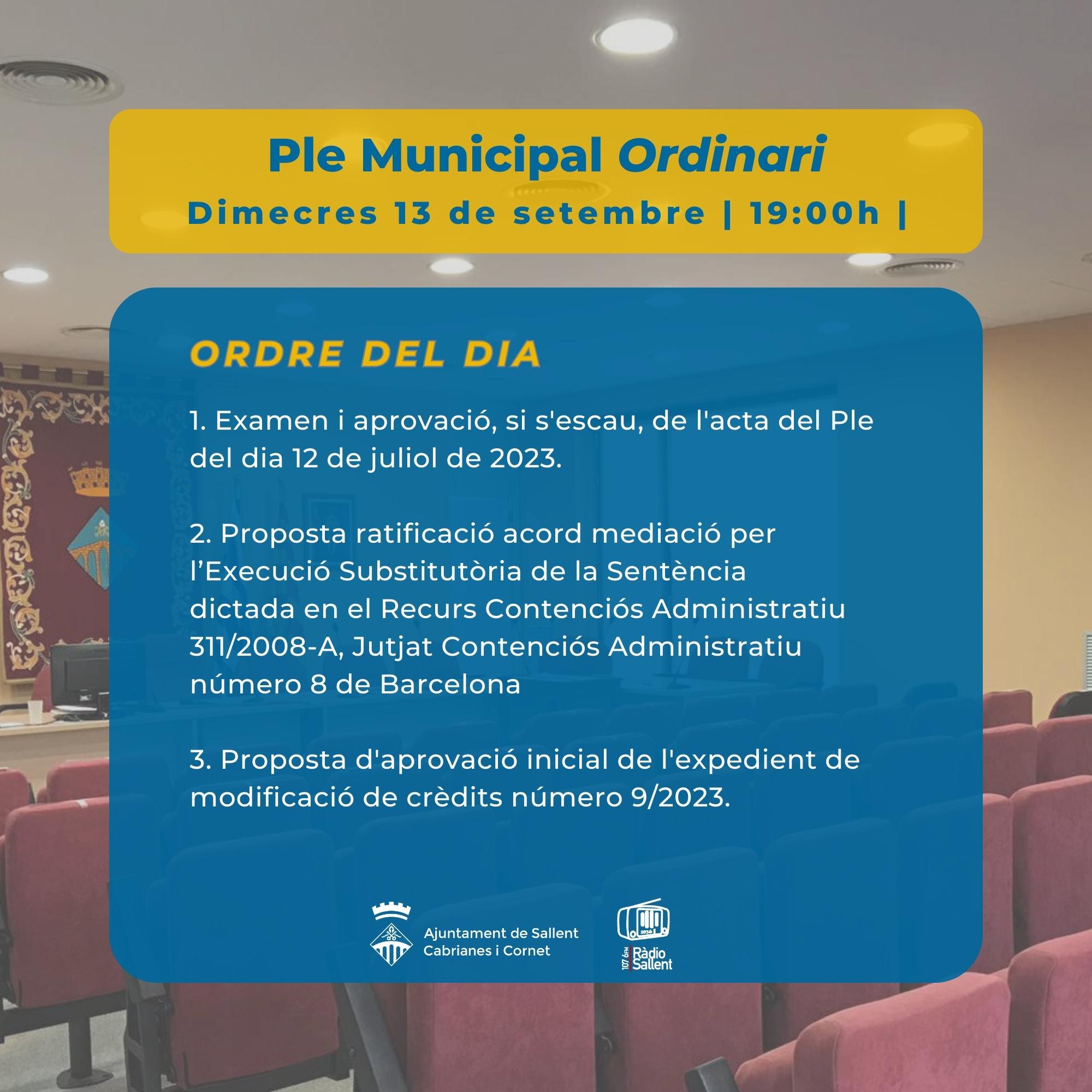 Ordre del dia - Ple Municipal del 13 de setembre de 2023