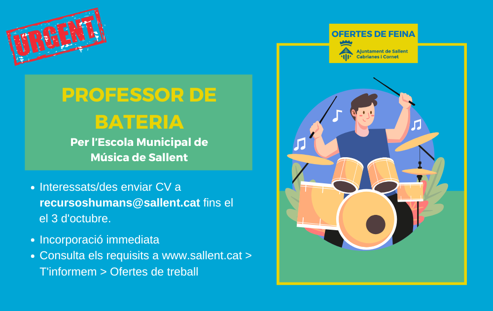 Vacant urgent: Professor de bateria per l'Escola Municipal de Música Cal Moliner